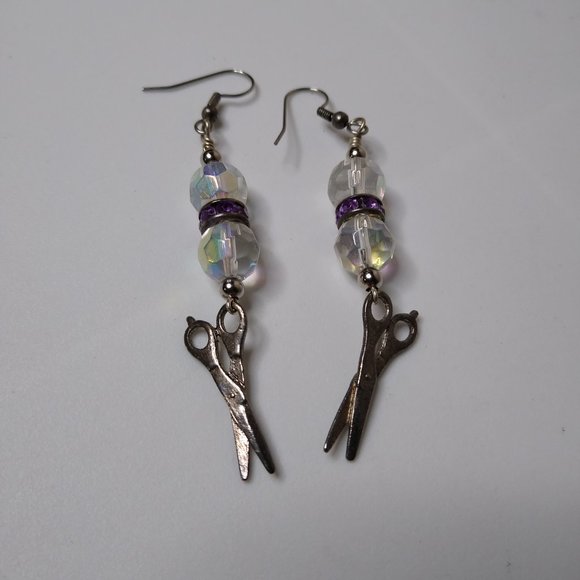 Vintage Glass Bead Metal Scissors Dangle Earrings - Picture 11 of 15